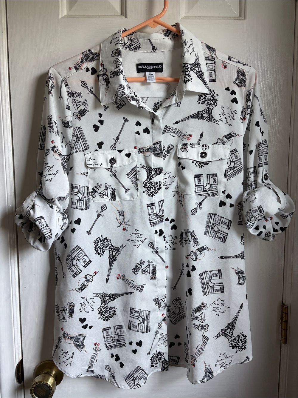 Karl Lagerfeld White Button Up Blouse Paris Heart Eiffel Tower Love - Picture 4 of 10